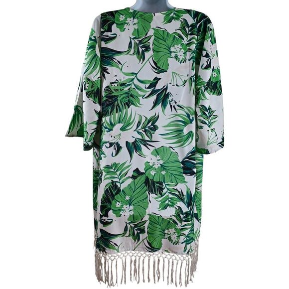 Anandas Collection Green Floral Kimono Cover Up Fringe Hem Free Size Resortwear - Picture 7 of 10
